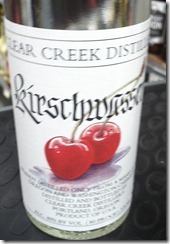 Kirschwasser is a clear cherry brandy. I bought my bottle at Randall's on Jefferson in STL.